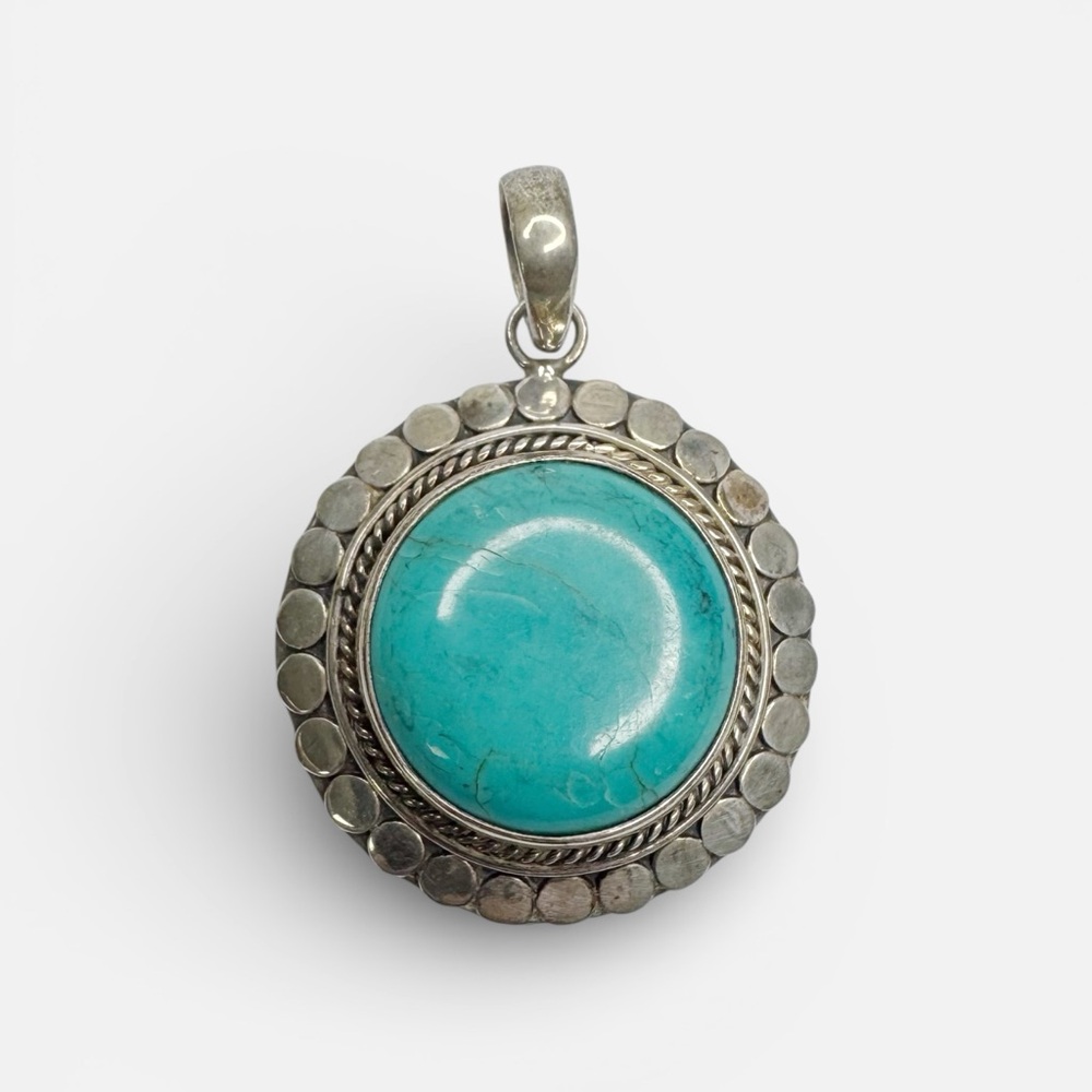 Turquoise and Sterling Silver Pendant Round Bezel Dotted and Braided Frame